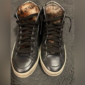 P448 Black Leather High-Top Sneakers with Brown Fur Lining